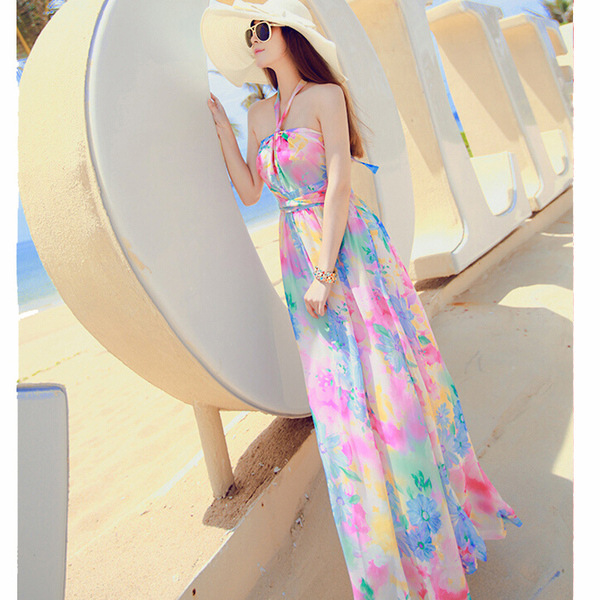 Floral Chiffon Halter Off-Shoulder Maxi Dress