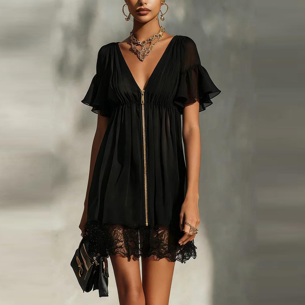 Women's Solid V-Neck Zip Lace Panel Dress