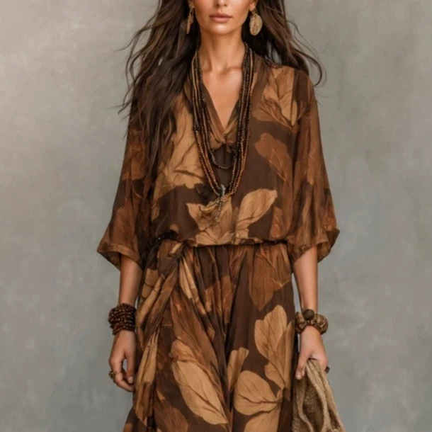 Vintage Brown Large Leaf Print V-Neck Midi Sleeve Cinched Waist Asymmetric Flowy Maxi Dress