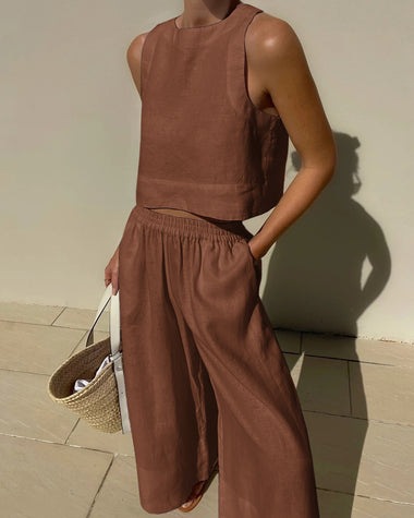 Women's Sleeveless Cotton-Linen Wide-Leg Pants and Tank Set