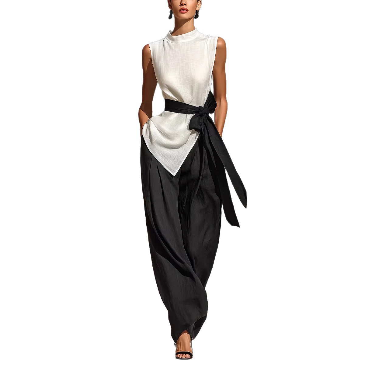 Women's Sleeveless Lace-Up Top and Wide-Leg Pants Two-Piece Set