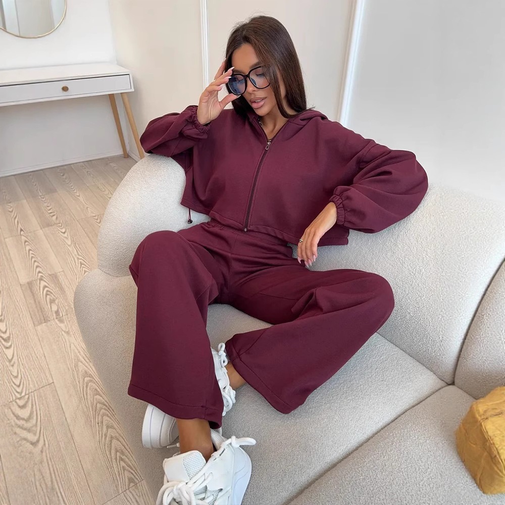 Women's Cotton Zip-Up Hoodie and Wide-Leg Pants Two-Piece Set