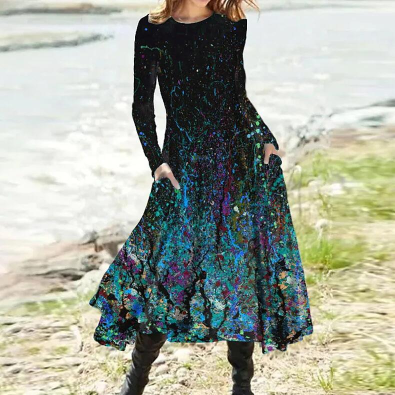 Women's Gradient Print A-Line Midi Dress with Pockets Long Sleeve Crew Neck