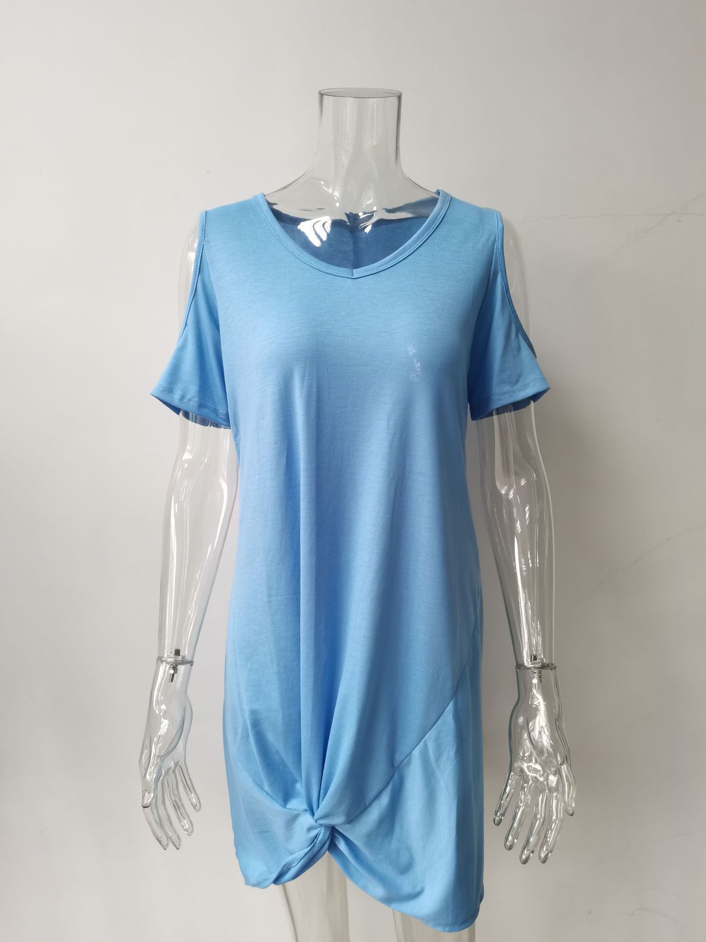 Women's Off-Shoulder Twist Knot Short Sleeve T-Shirt Dress Solid Color