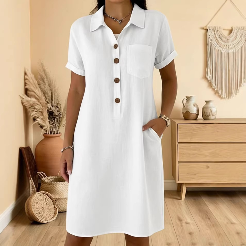 Women's Cotton Linen Button Short Sleeve Shirt Dress Casual