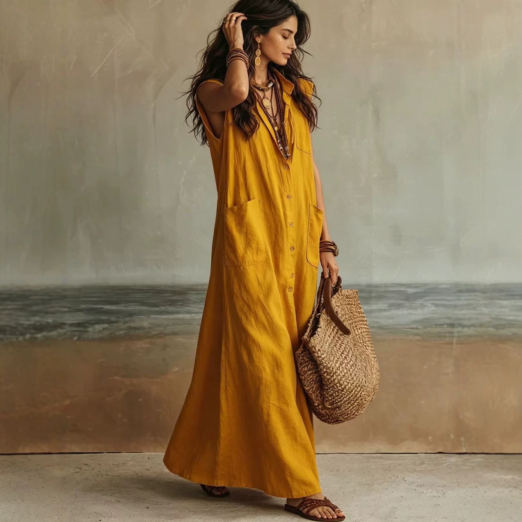 Women's Off-Shoulder Boho Shirt Dress Loose Fit Long Polyester