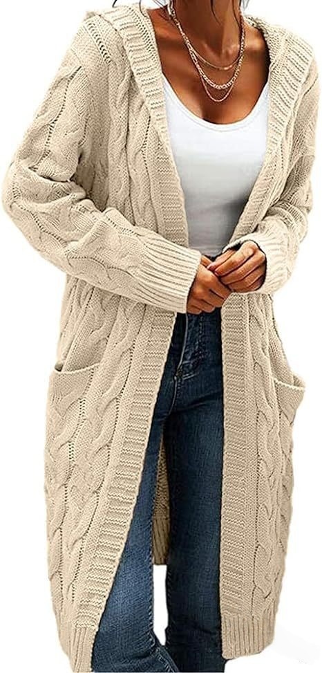 Women's Hooded Cable Knit Open-Front Cardigan Sweater, Mid-Length