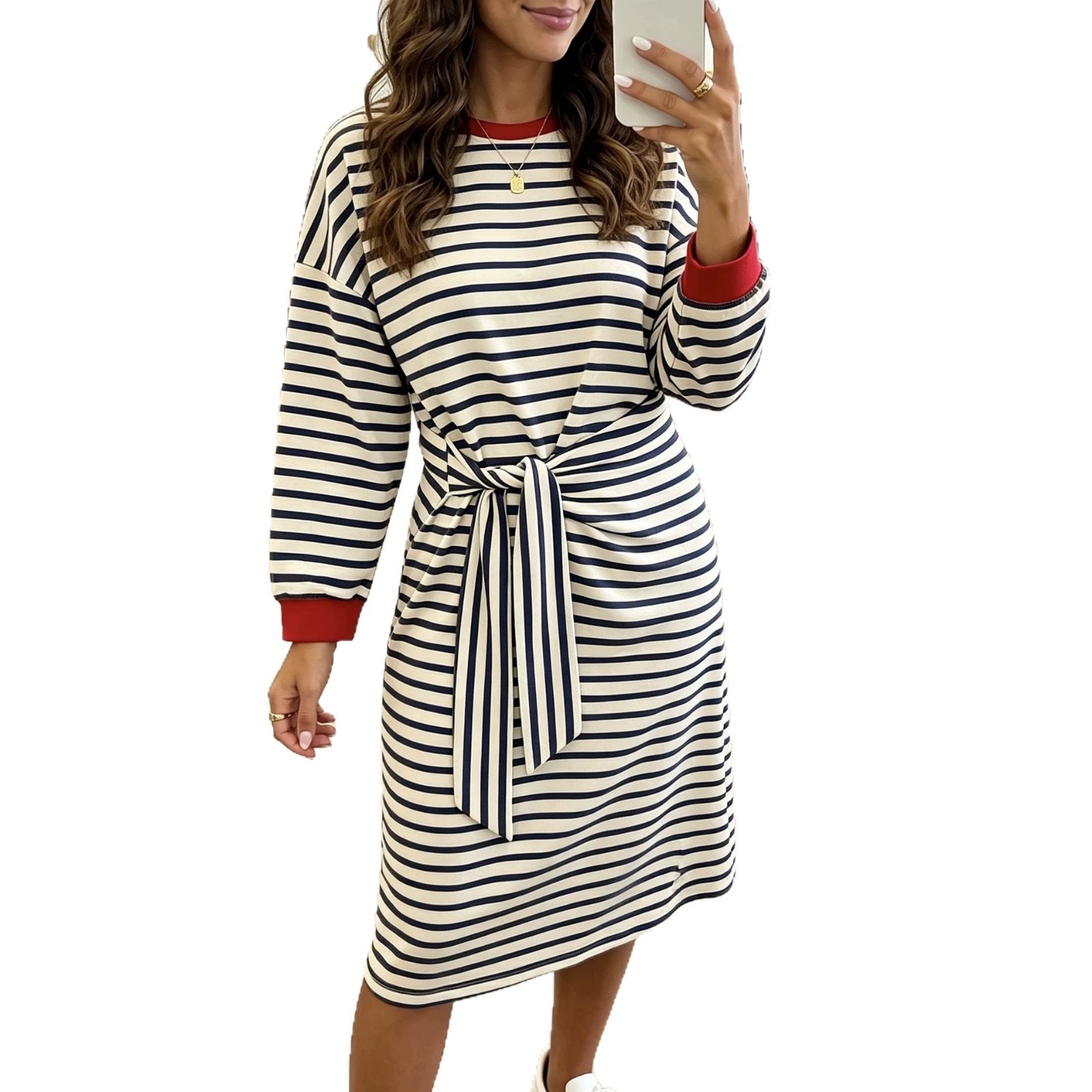 Striped Patchwork Long Sleeve Tie-Waist Loose Casual Dress