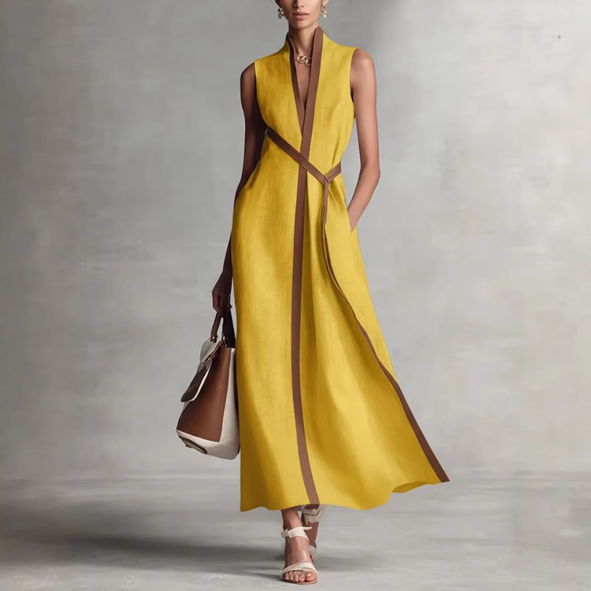 Color-Block Sleeveless Stand-Collar Cotton-Linen Dress