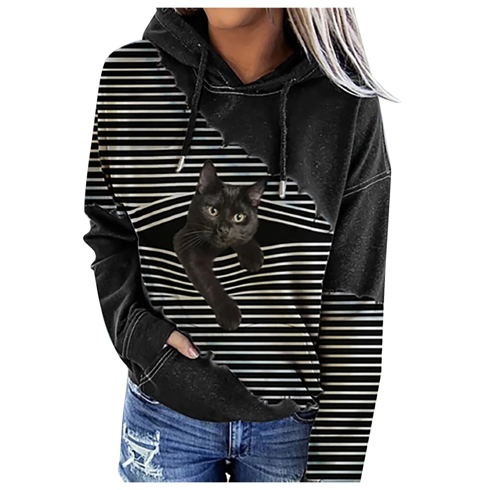 Women's Striped Christmas Dog Print Hooded Sweatshirt