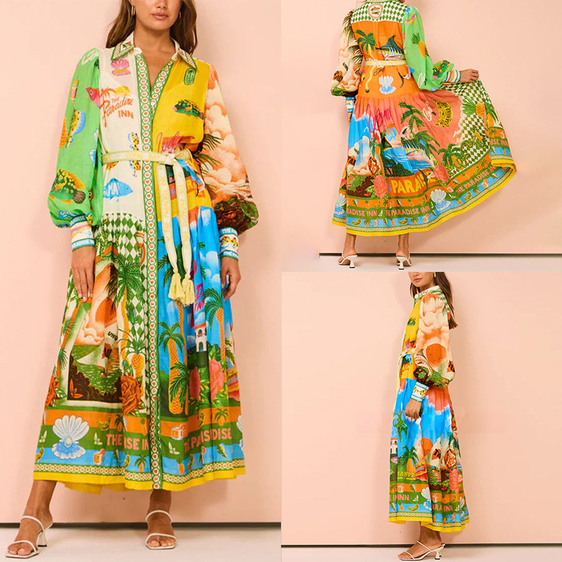 Elegant Printed Tie-Front Collared Long Sleeve A-Line Dress