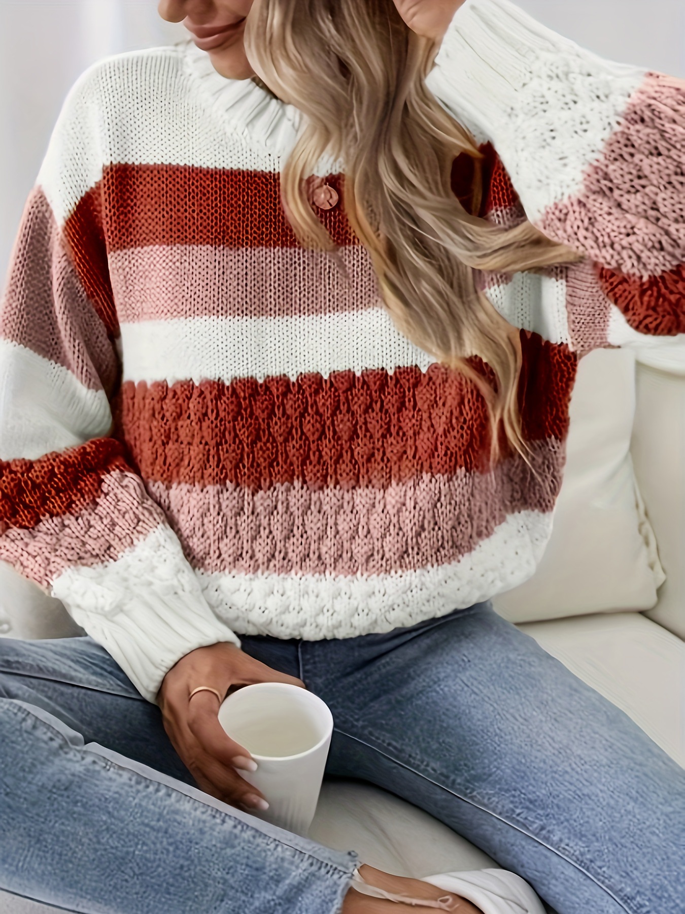 Striped Textured Pullover Sweater for Women Crew Neck Long Sleeve Casual