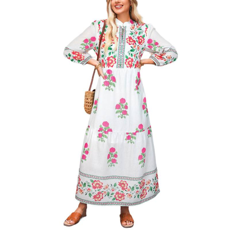 Floral Print Long Sleeve A-Line Dress with Stand Collar
