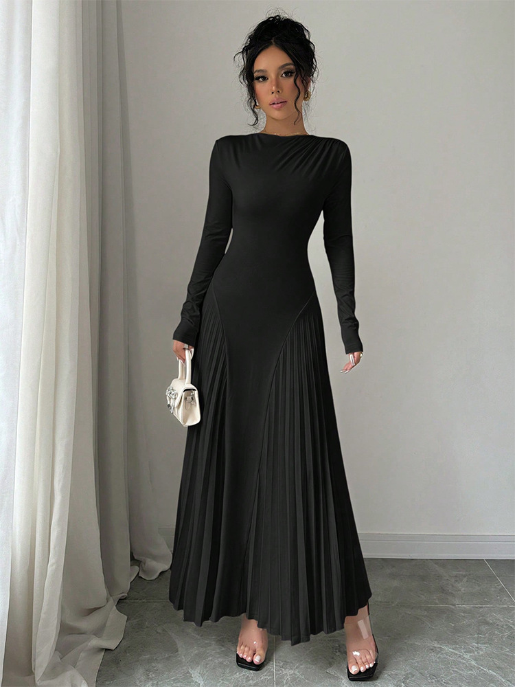 Long Sleeve Pleated Knit Maxi Dress Elegant