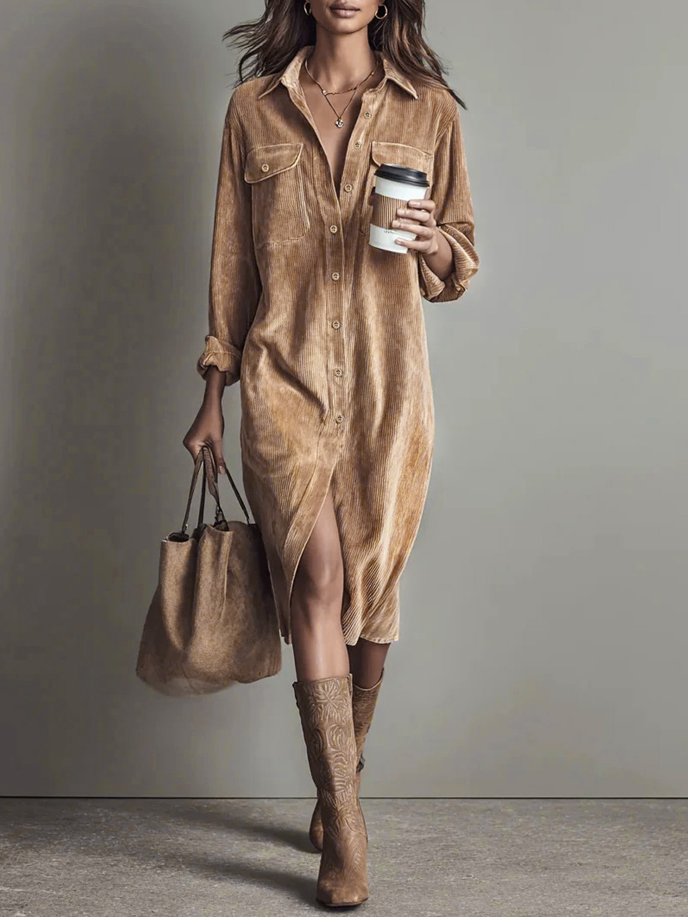 Corduroy Long Sleeve Collared Loose A-Line Maxi Dress