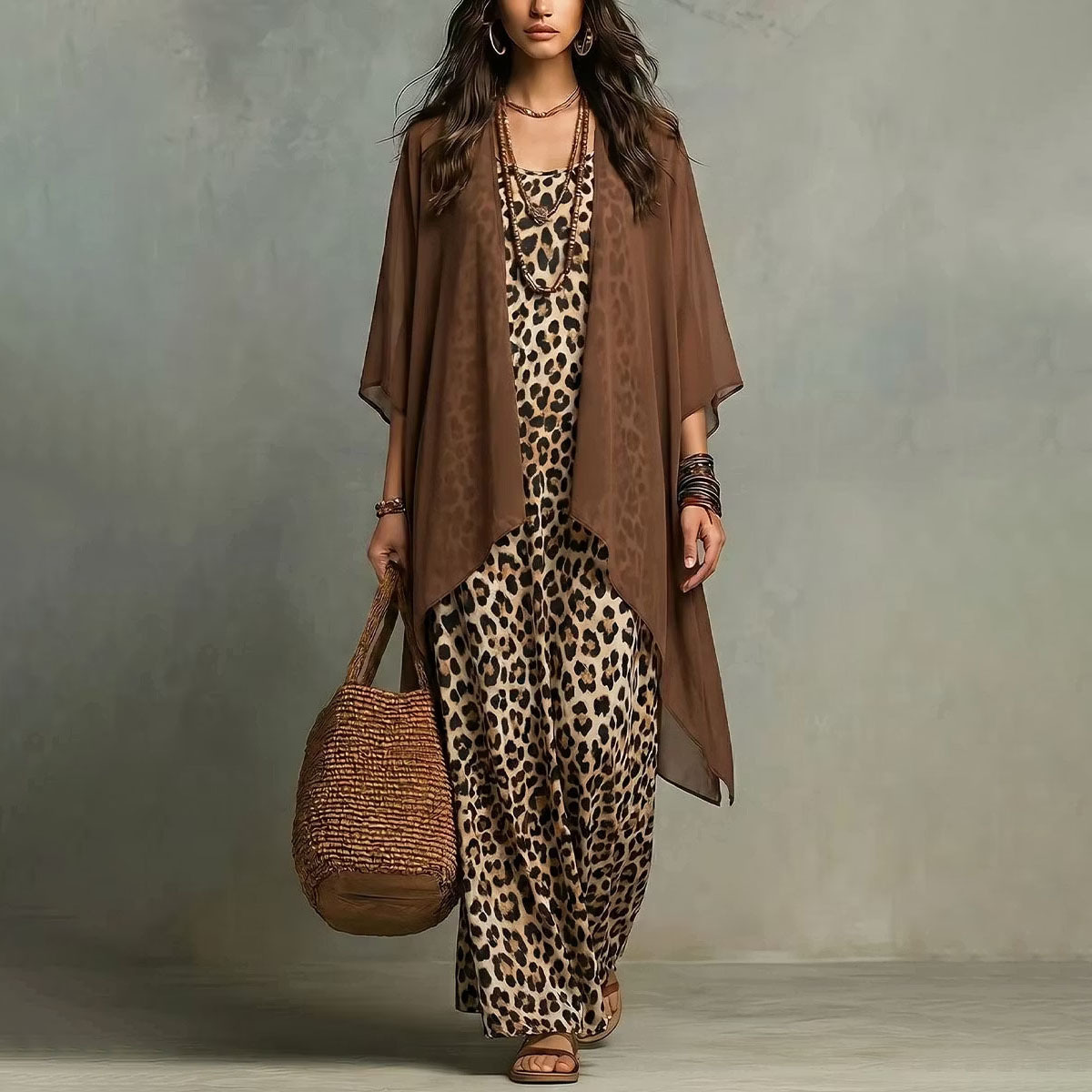 Leopard Print Cami Maxi Dress and Cardigan Two-Piece Set