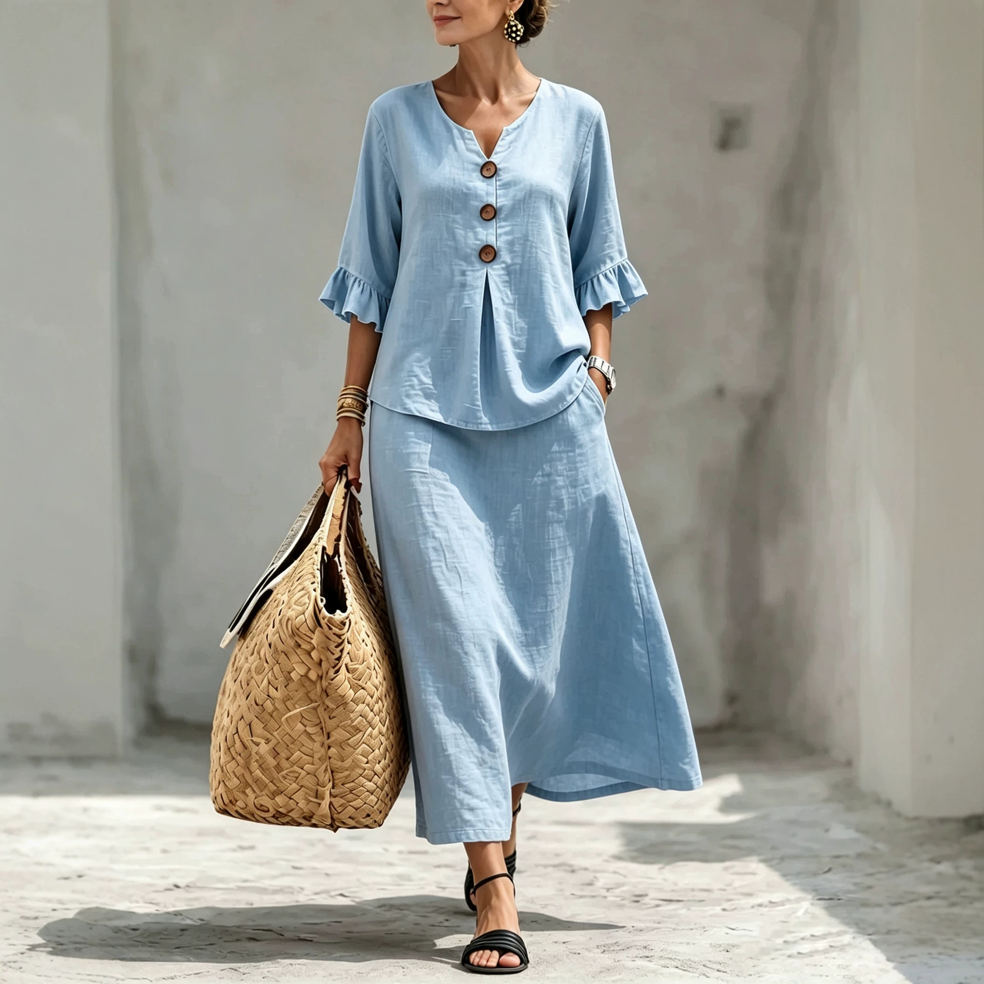 Women's Solid Button V-Neck Ruffle Three-Quarter Sleeve Top and Skirt Set