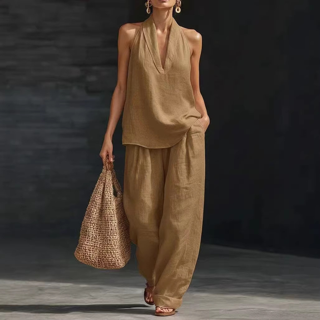 French-Style Halter V-Neck Open-Back Top & Wide-Leg Pants Set