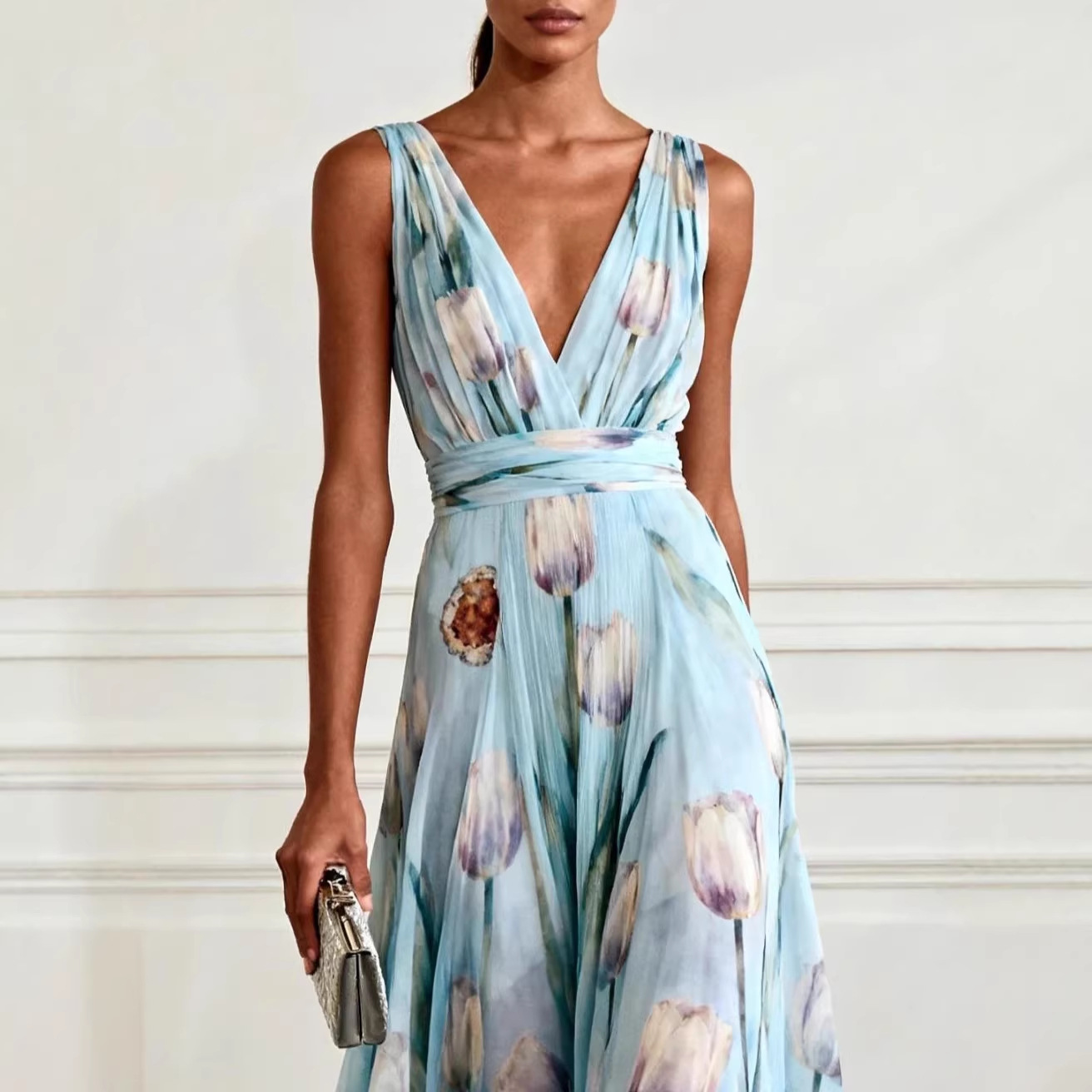 Blue Tulip Print Sleeveless V-Neck Chiffon Maxi Dress