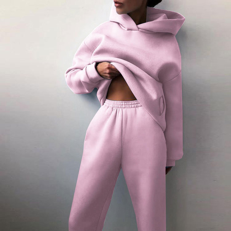 Women's Solid Color Hooded Sweatshirt and Pants Two-Piece Casual Set