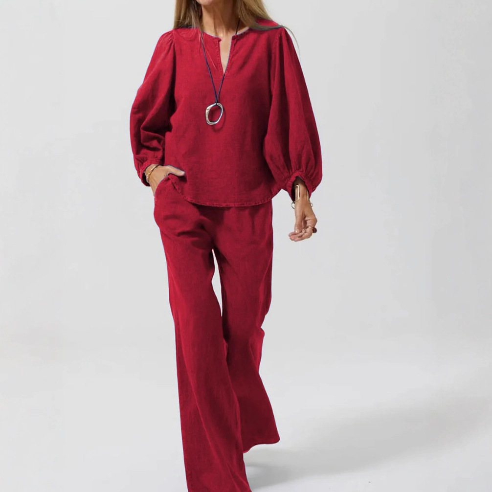 Women's Cotton-Linen V-Neck Long-Sleeve Top & Straight-Leg Pants Set