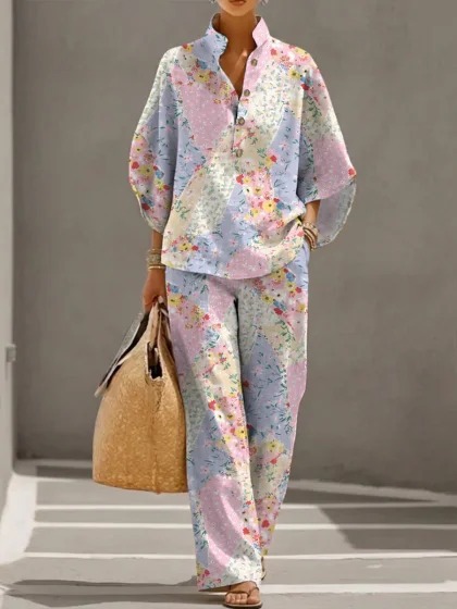 Women's Polka Dot Floral Print Long Sleeve Button-Up Top Set
