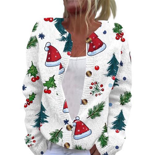 Christmas Hat Print Button-Front Cardigan for Women