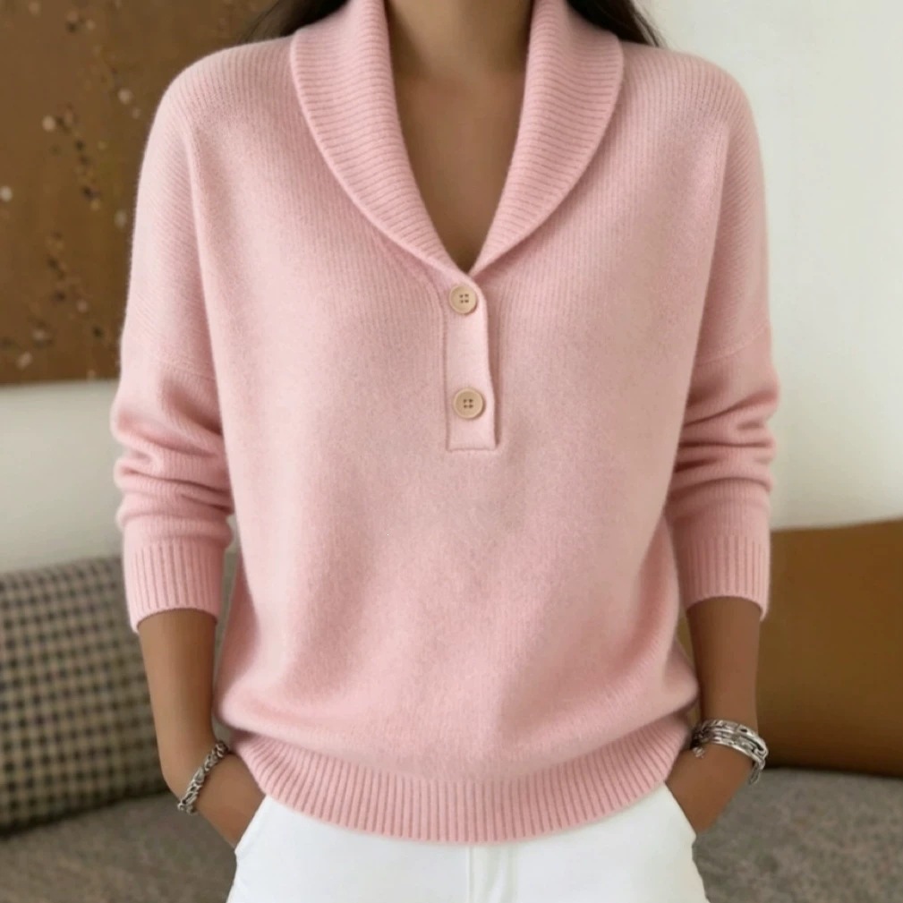 Soft Skin-Friendly Shawl Collar Knit Sweater Women's Two-Button Half-Open Neck Loose Solid Pullover