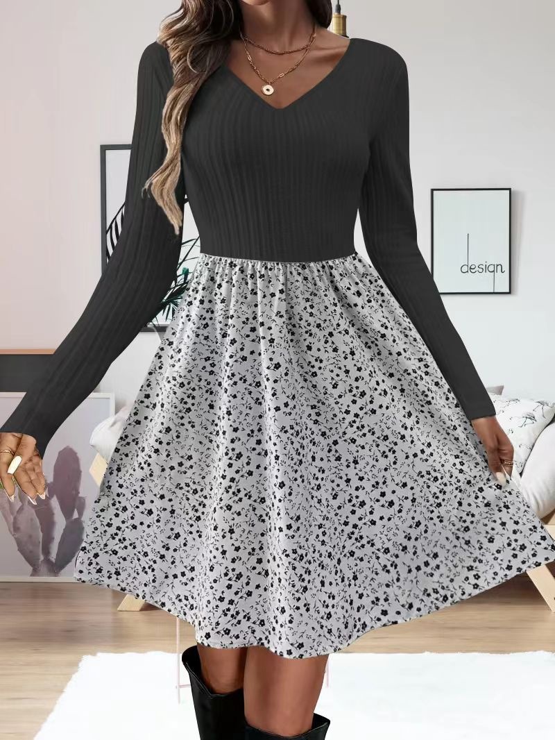 Women's Long Sleeve V-Neck Knit Floral Midi Dress