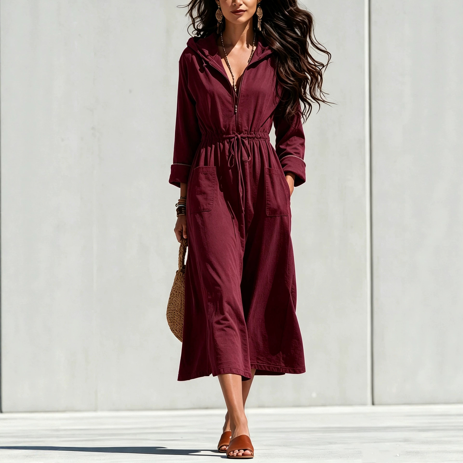 Women's Solid Half-Zip Drawstring Hooded Midi Dress