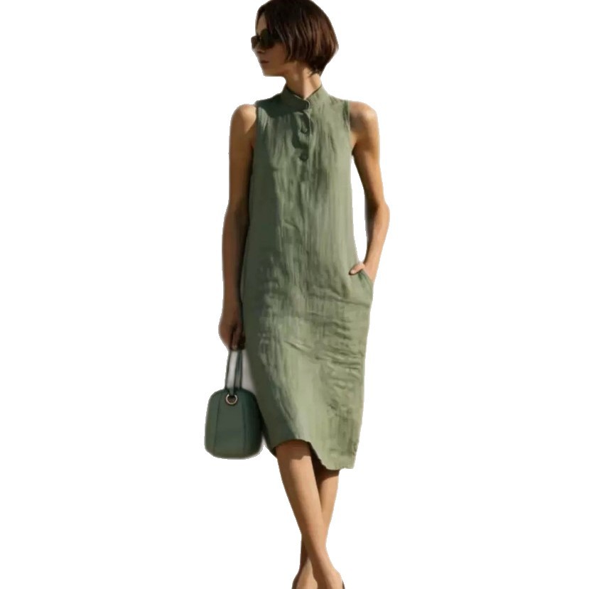 Sleeveless Linen Straight Dress Minimalist Textured Cotton-Linen Midi
