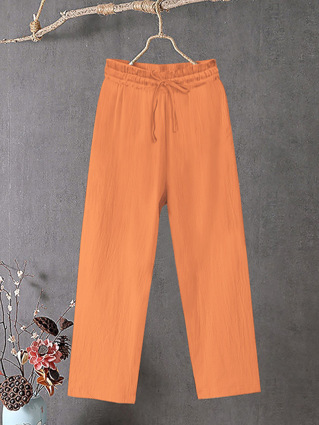 Women's Cotton Linen Wide Leg Pants Elastic Waist Solid Color Loose Fit
