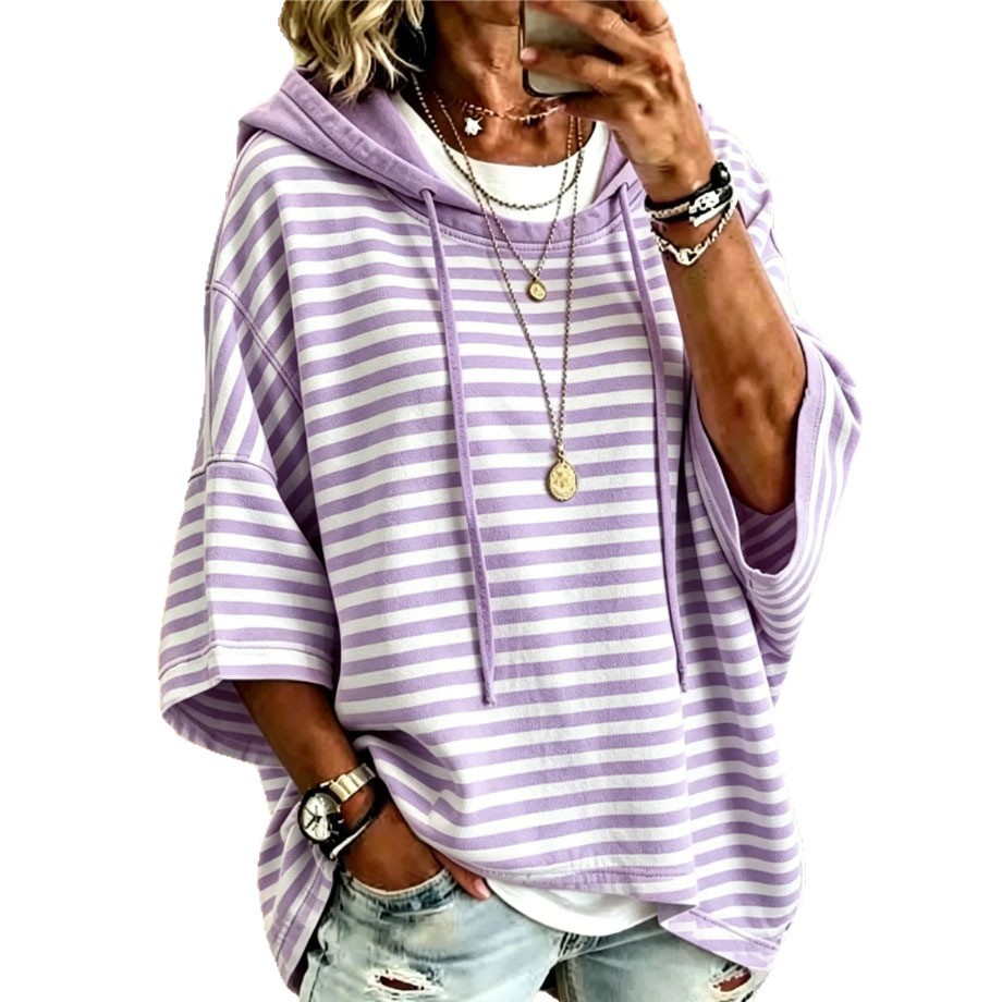Women's Striped Hooded Pullover Sweatshirt with 3/4 Sleeves