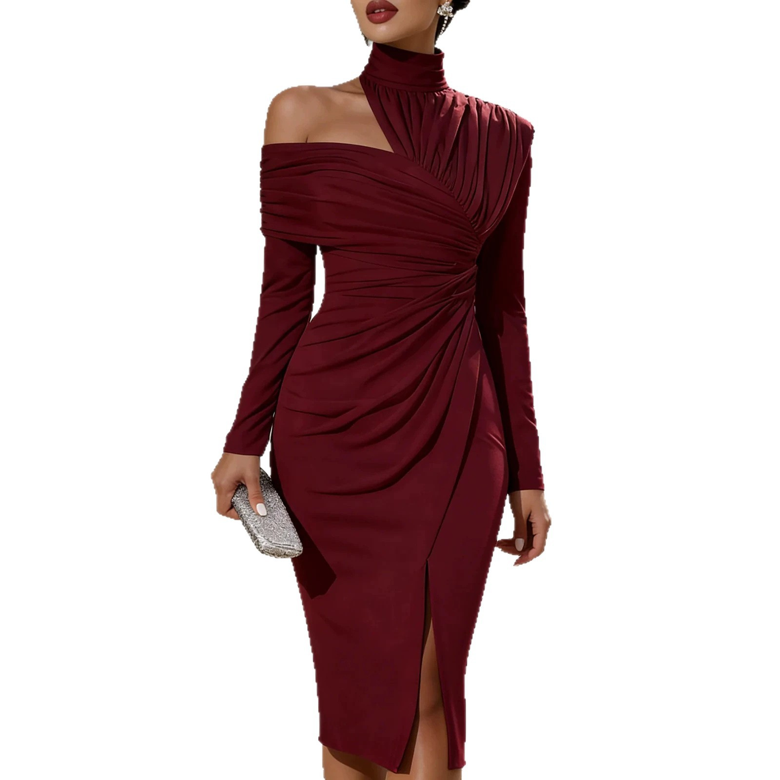 Ruched Waist Long Sleeve Bodycon Midi Dress