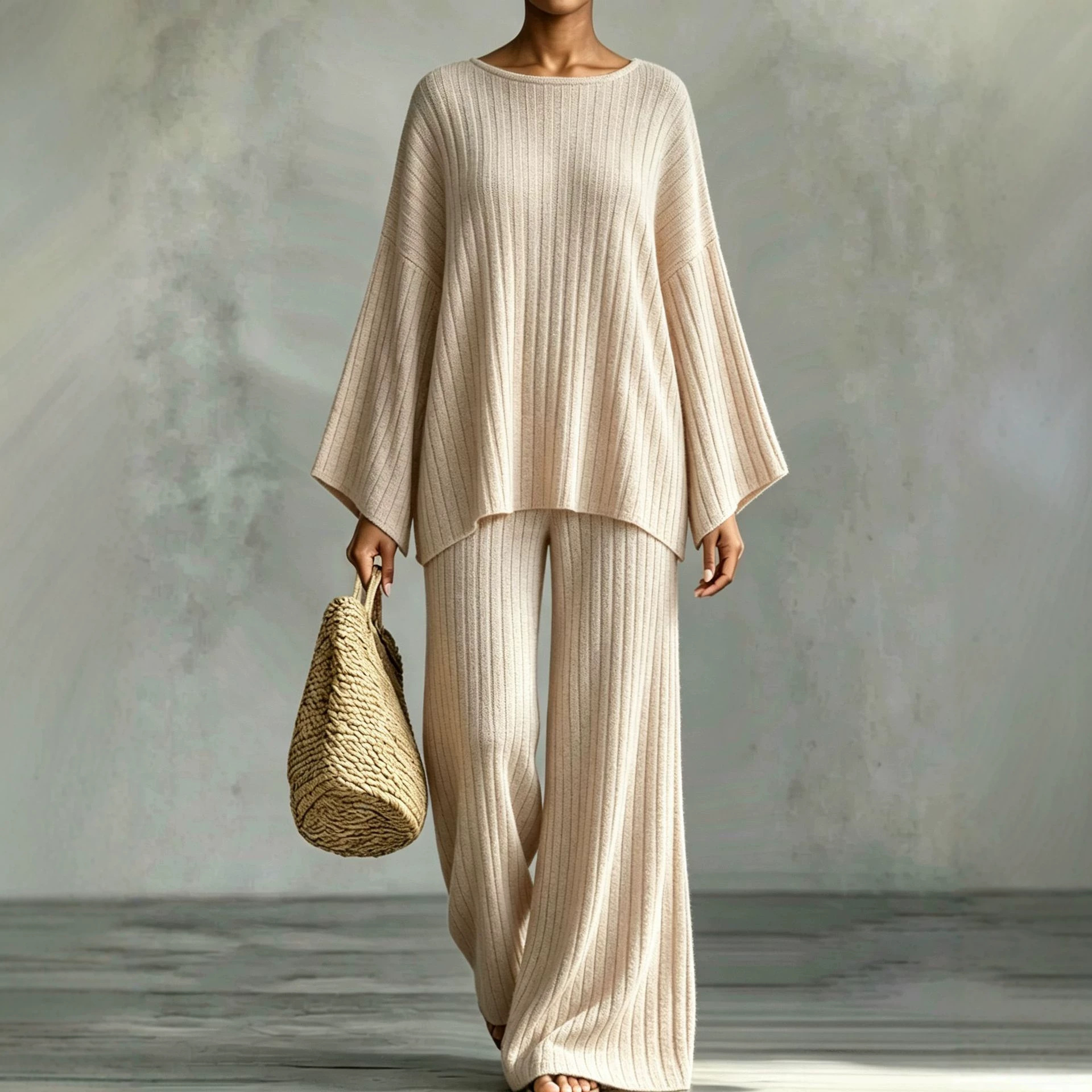 Women's Ribbed Brushed Long Sleeve Top and Pants Set Casual Loungewear