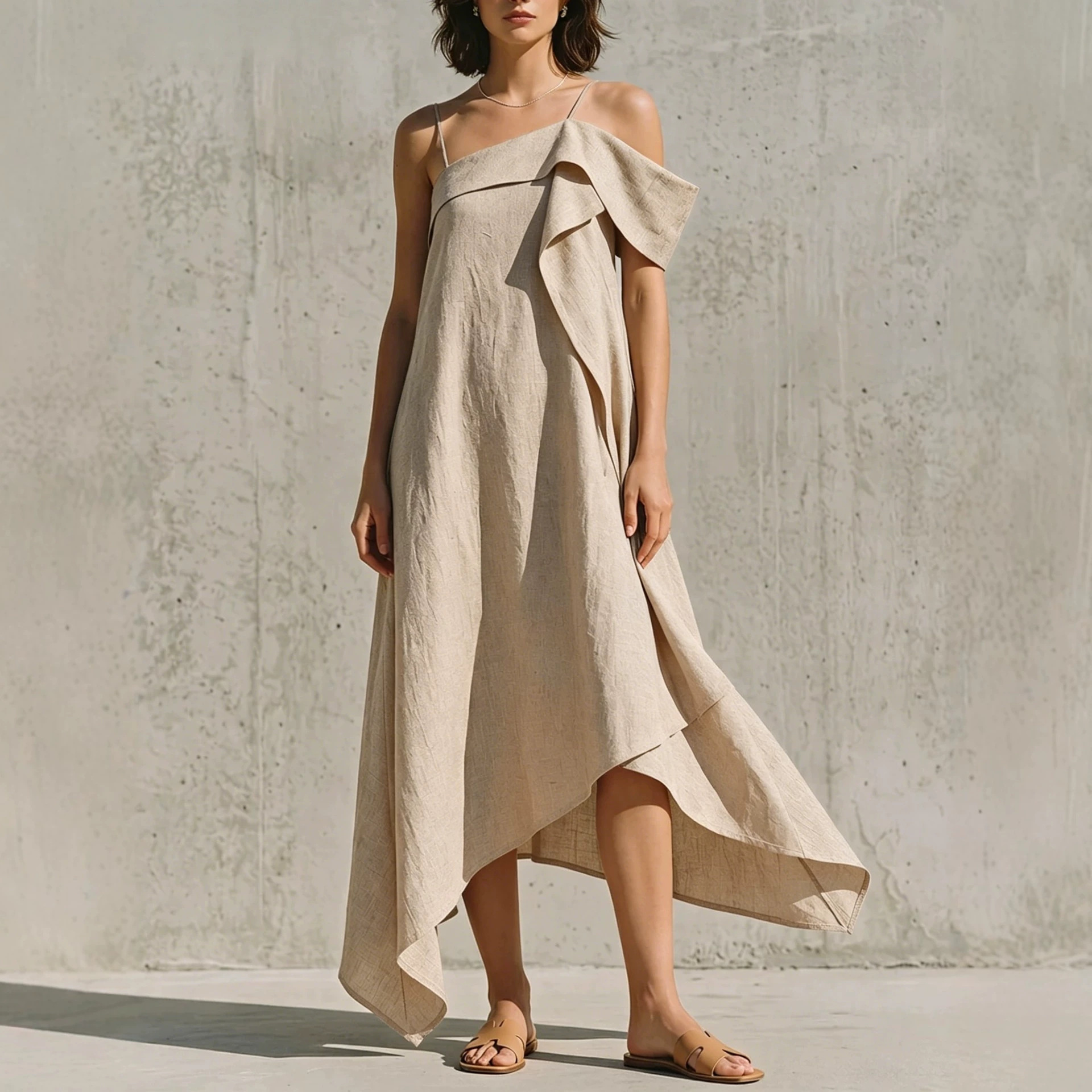 Asymmetric One-Shoulder Linen-Blend Dress with Irregular Hem