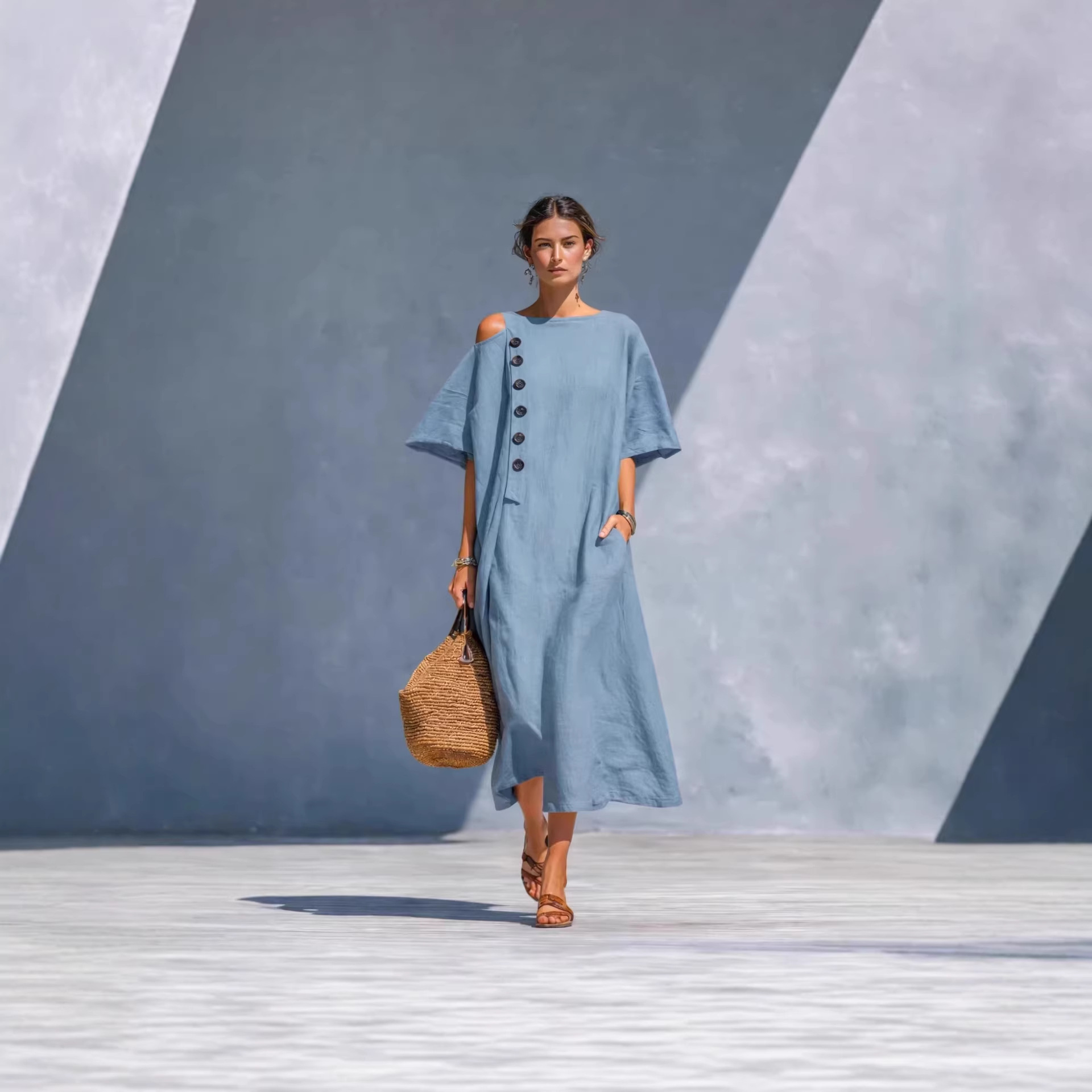 Women's Summer Loose Fit Midi Dress with One-Shoulder Button Detail