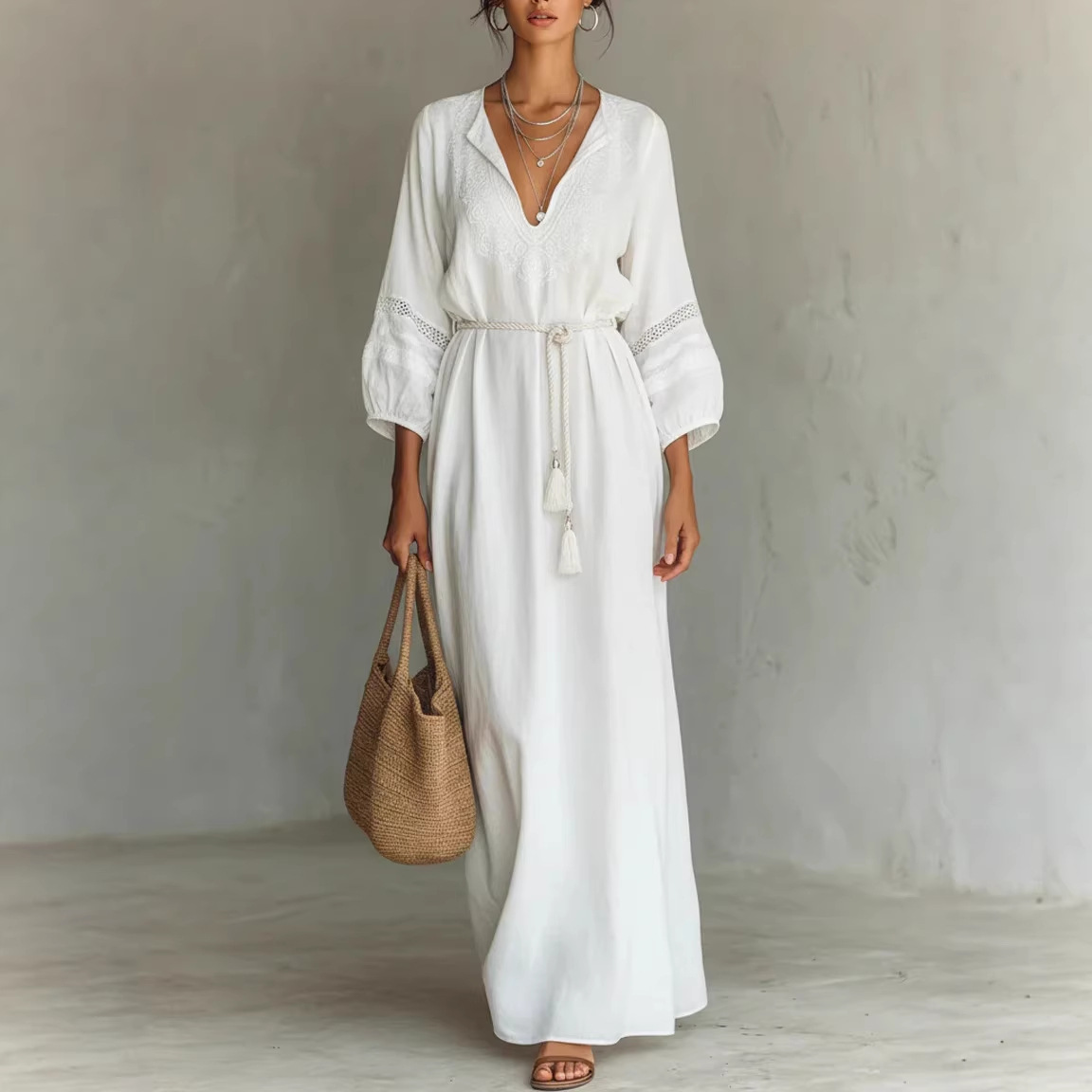 Women's Loose Fit V-Neck Lace Midi Dress with Waist Tie