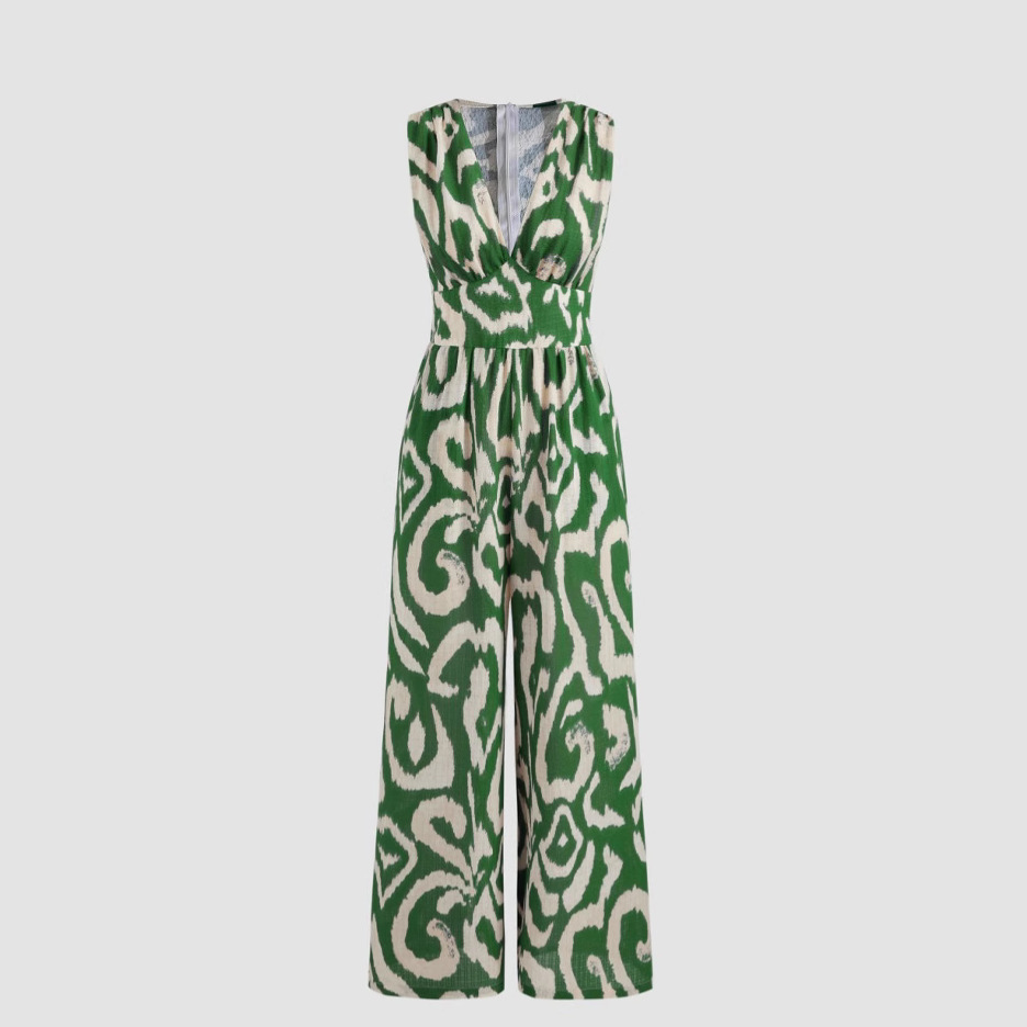 Women's Deep V-Neck Abstract Print Sleeveless Jumpsuit with Waist-Cinching Straight Leg