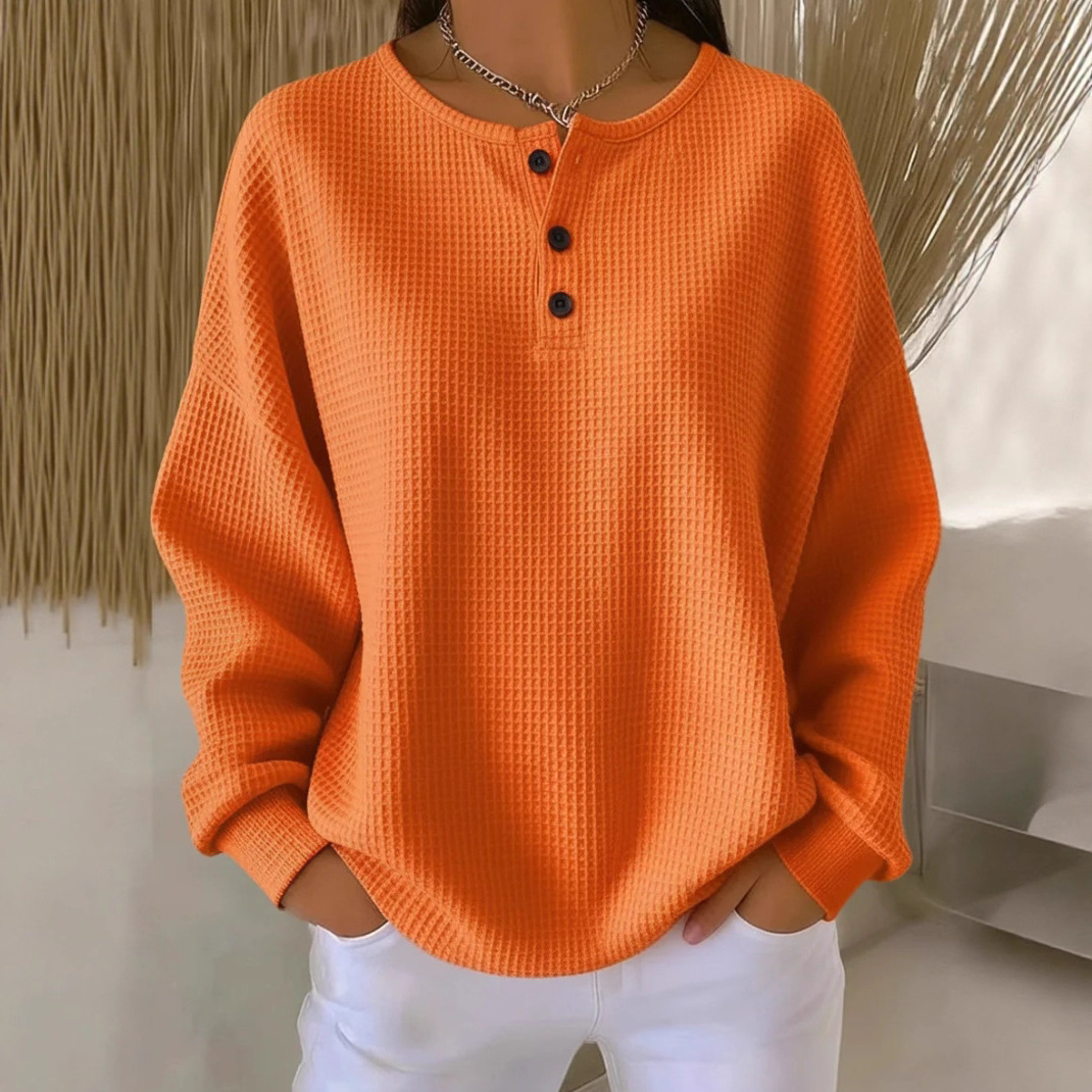 Waffle Knit Crewneck Pullover Loose Fit Solid Color Top