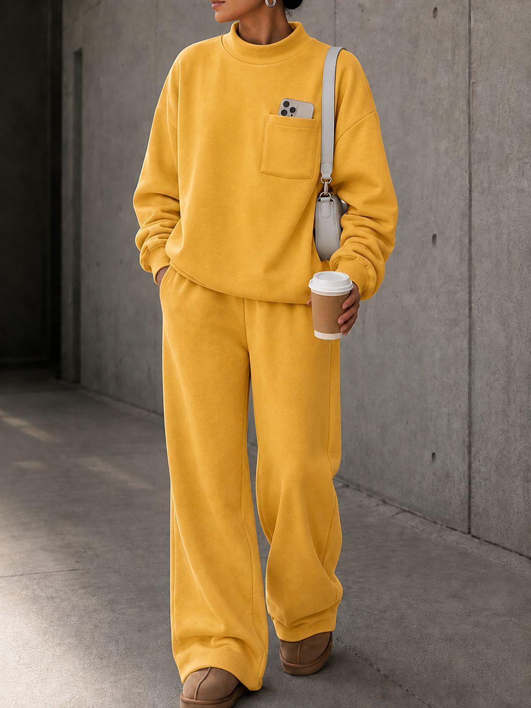 Women's Loose Stand Collar Sweatshirt & Wide-Leg Pants Set Solid Color Casual Sportswear