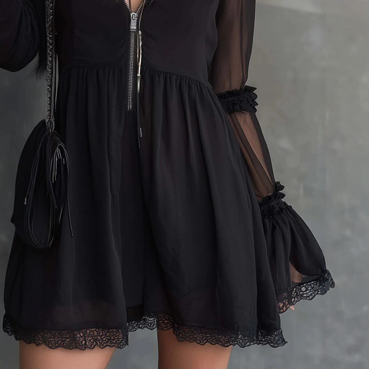 Dark Lace Trim Sheer Zip Long Sleeve Mini Dress