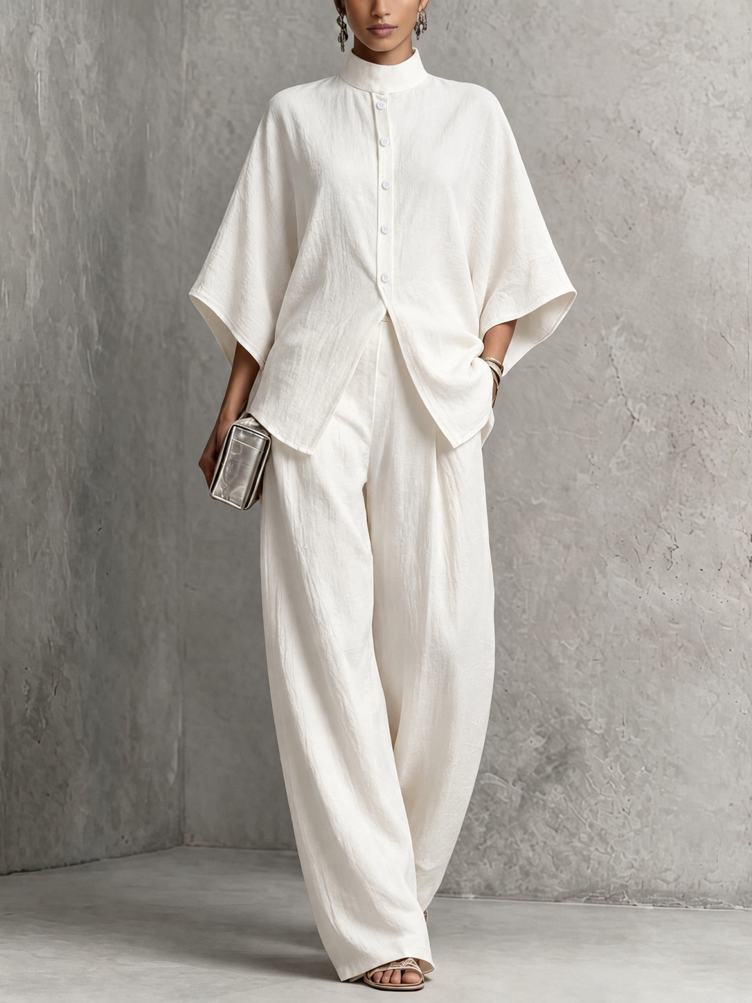 Women's Stand Collar Batwing Sleeve High Waist Wide Leg Two-Piece Set