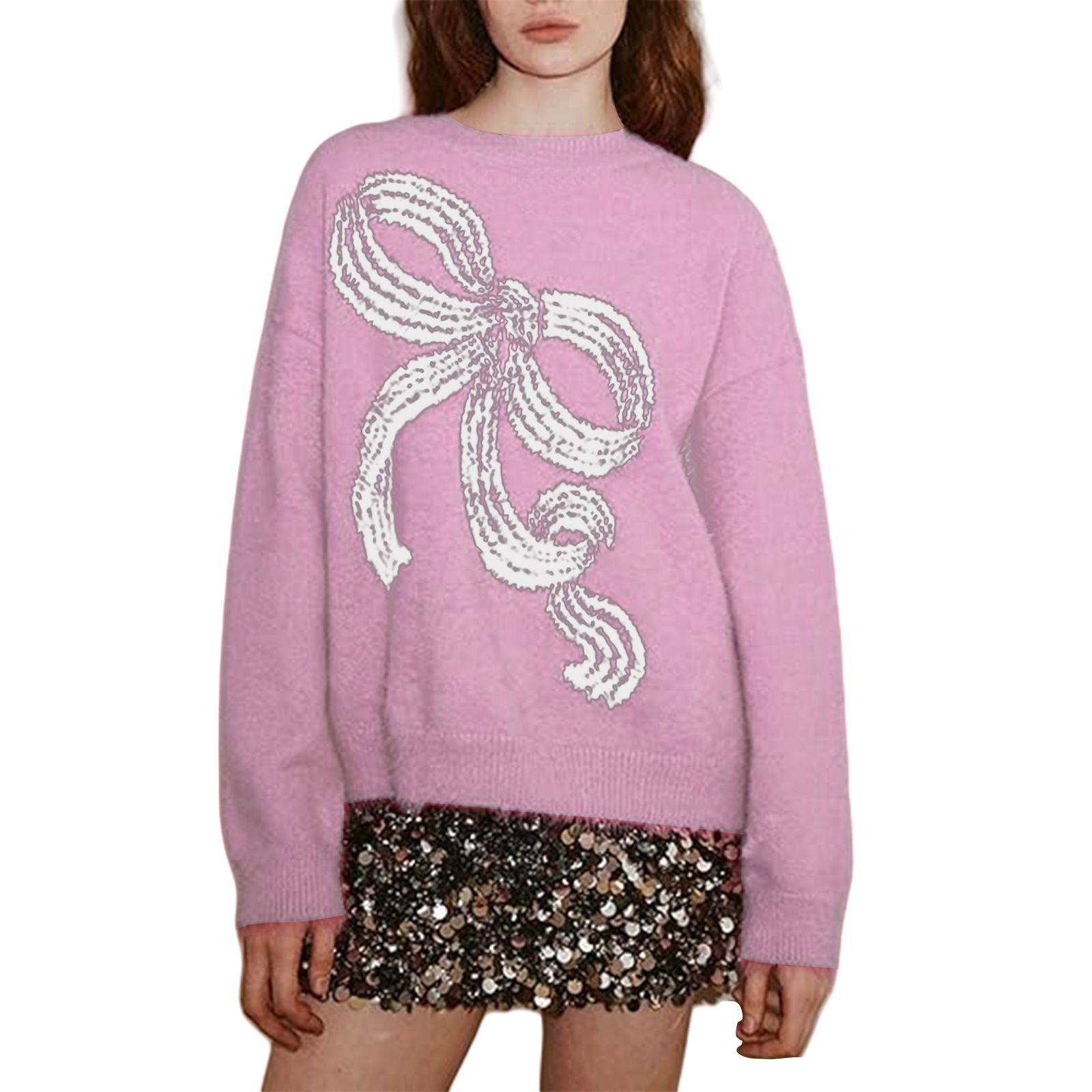 Bow Detail Fuzzy Knit Crewneck Sweater