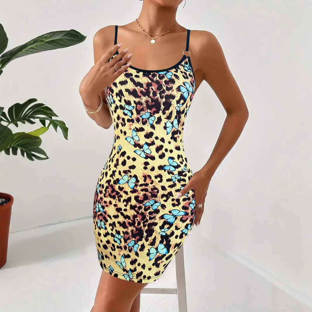 Women's Sleeveless Printed Cami Dress Round Neck Slim Fit Short Dress