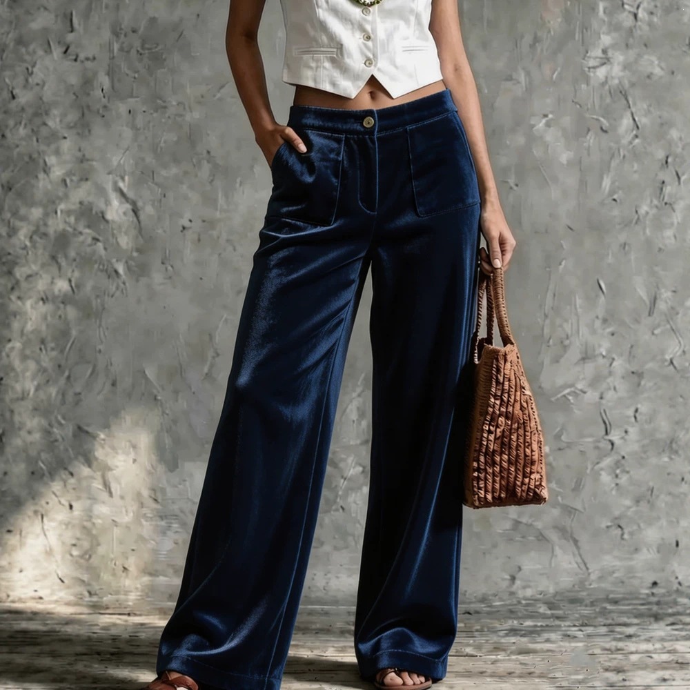 Velvet High-Waist Straight-Leg Pants with Pockets