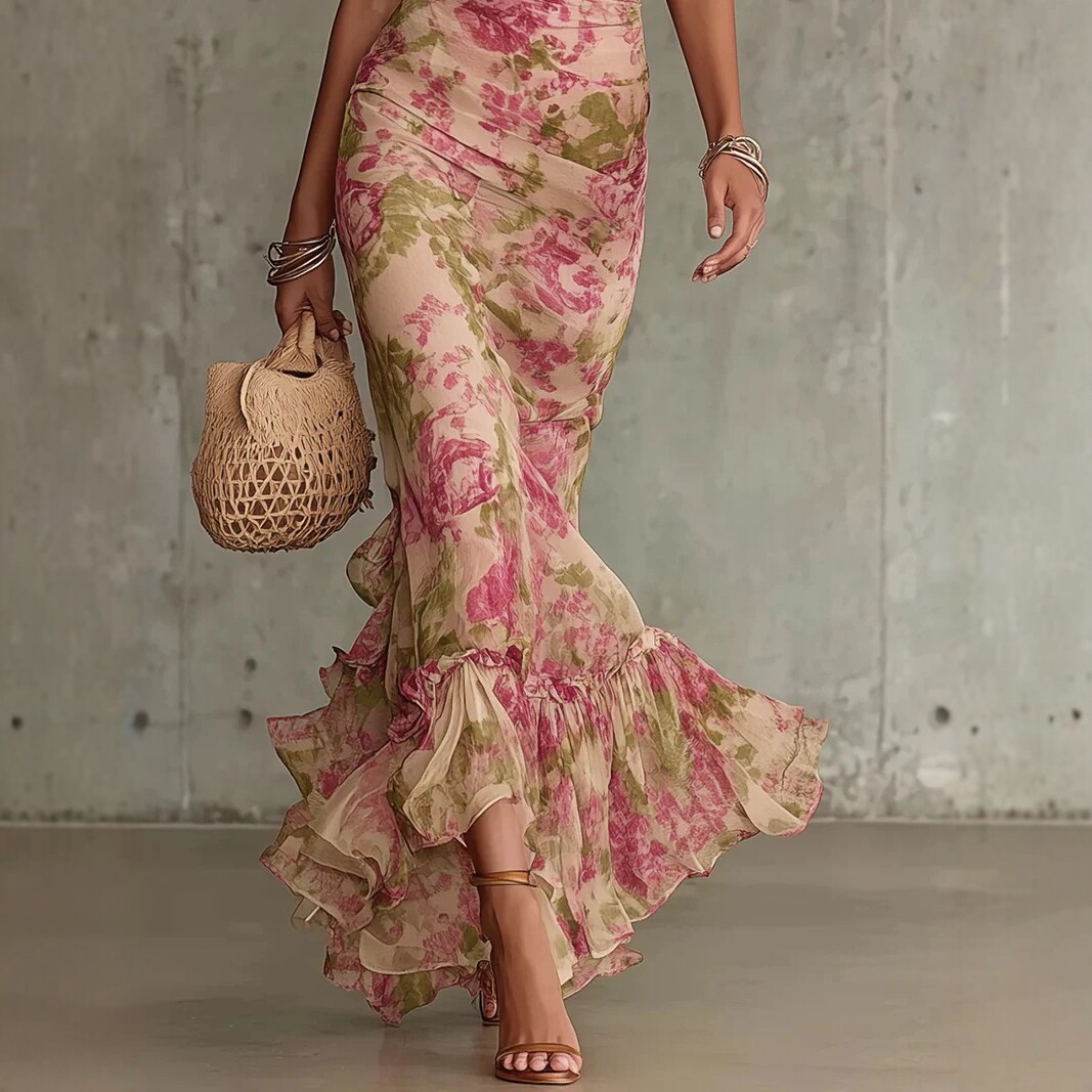 Floral Print High Neck Puff Sleeve Mermaid Maxi Dress