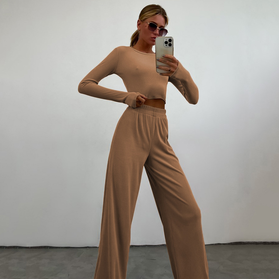 Women's Solid Color Two-Piece Set: Loose Wide-Leg Pants & Fitted Knit Top