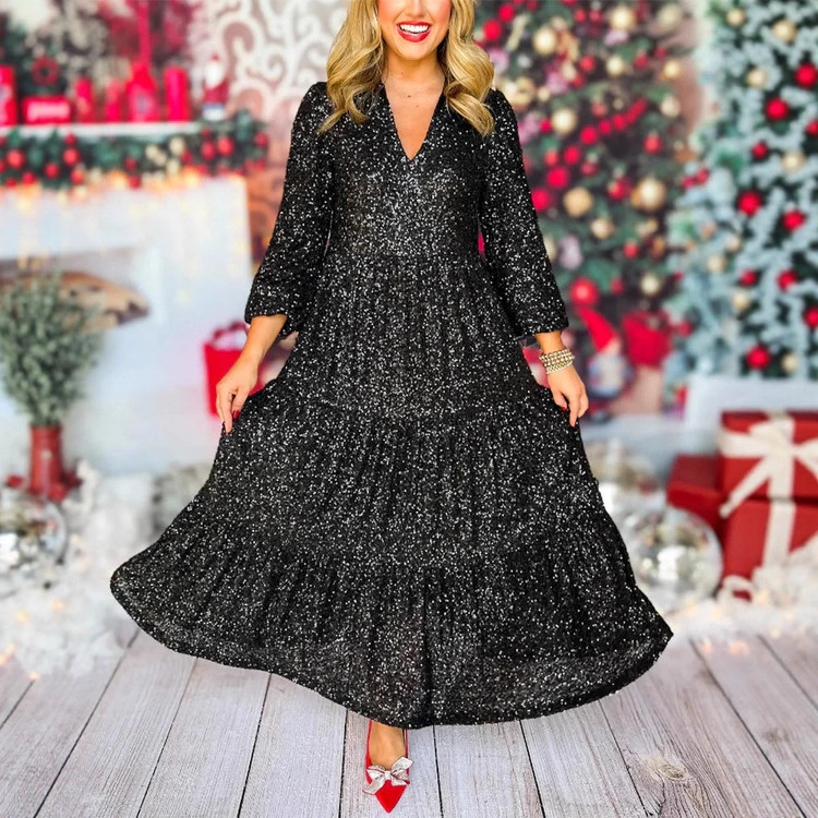 Sequin Long Sleeve Midi Dress V-Neck Slim Fit Elegant Party Dress Black