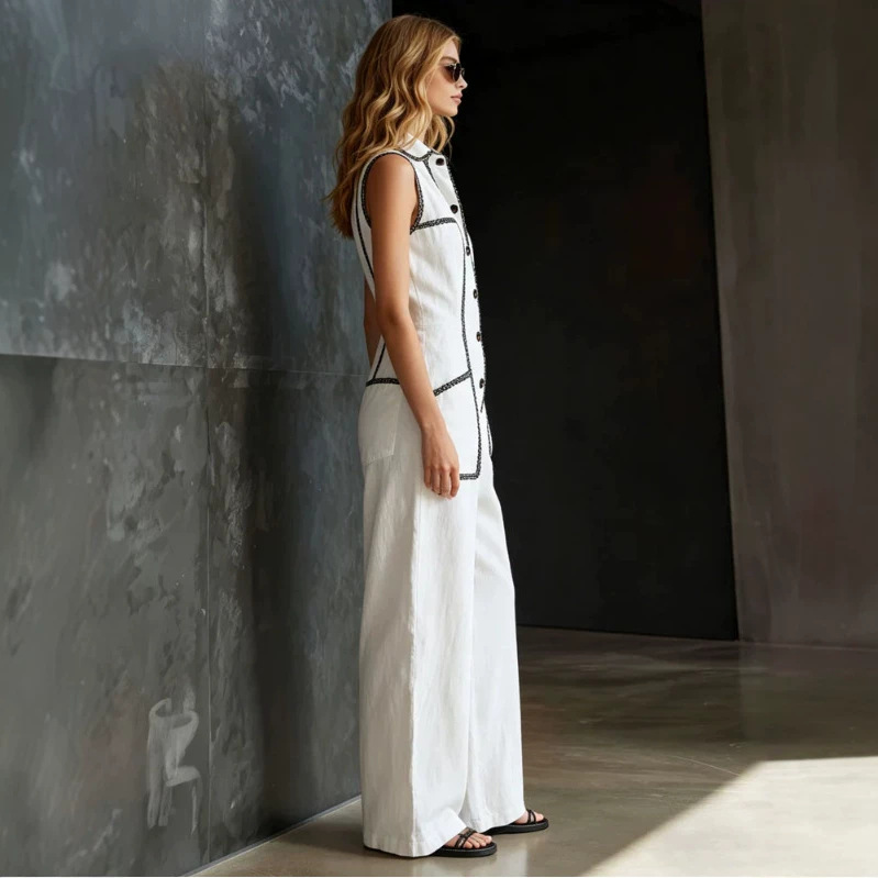 Women's Casual Vintage Lace Trim White Sleeveless Wide Leg Jumpsuit